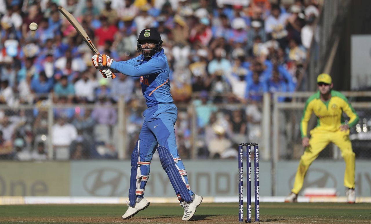 Ravindra Jadeja deals with a short ball outside off, India v Australia, 1st ODI, Mumbai, January 14, 2020