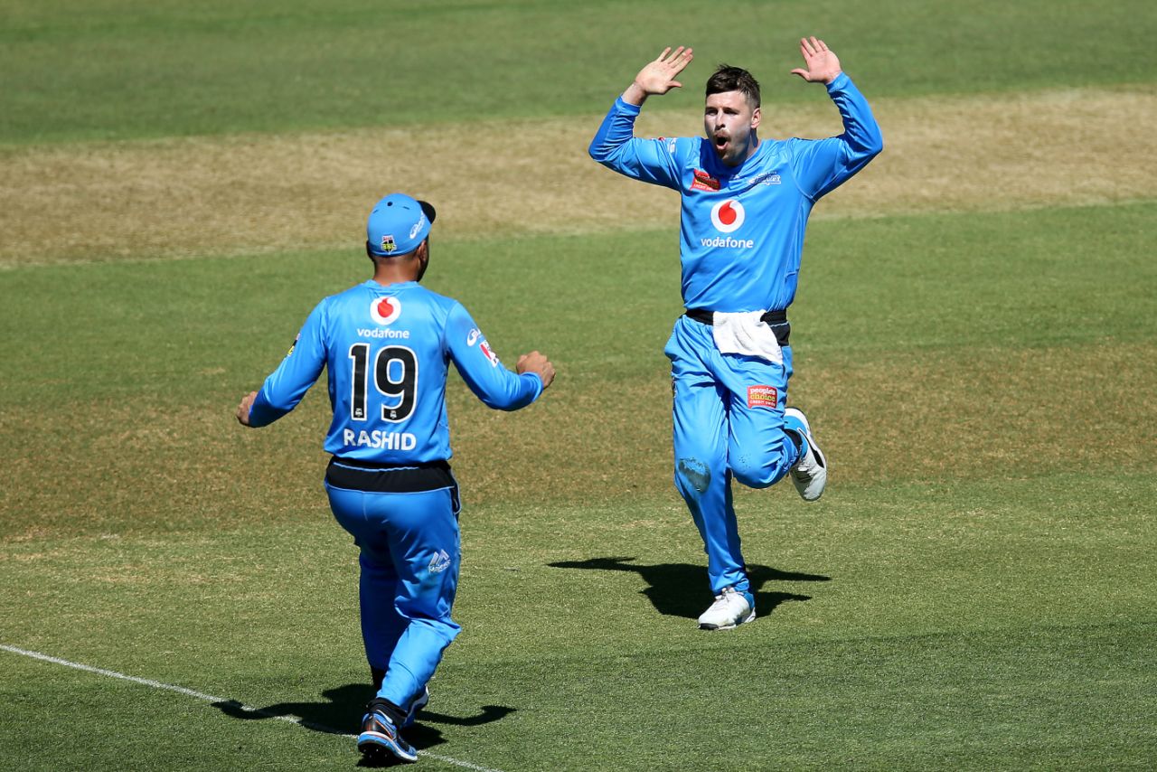 Liam O'Connor is pumped up after striking, Adelaide Strikers v Brisbane Heat, Big Bash League 2019-20, Adelaide, January 17, 2020