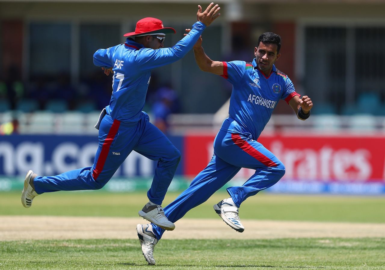 Shafiqullah Ghafari takes off in celebration, South Africa under-19 v Afghanistan under-19, ICC Under-19 World Cup, Kimberley, January 17, 2020