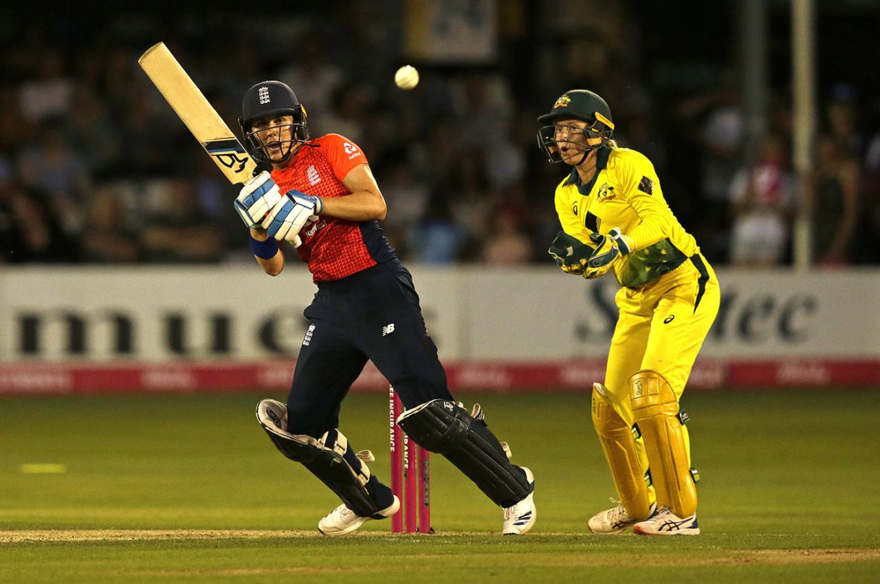 Natalie Sciver of England plays a shot, England v Australia, 1st T20I, Chelmsford, July 26, 2019