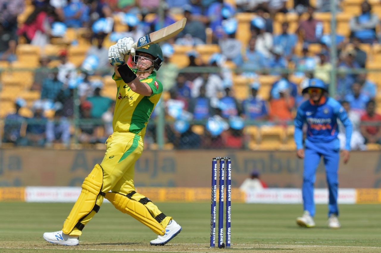 Steven Smith lofts one towards long leg, India v Australia, 3rd ODI, Bengaluru, January 19, 2020
