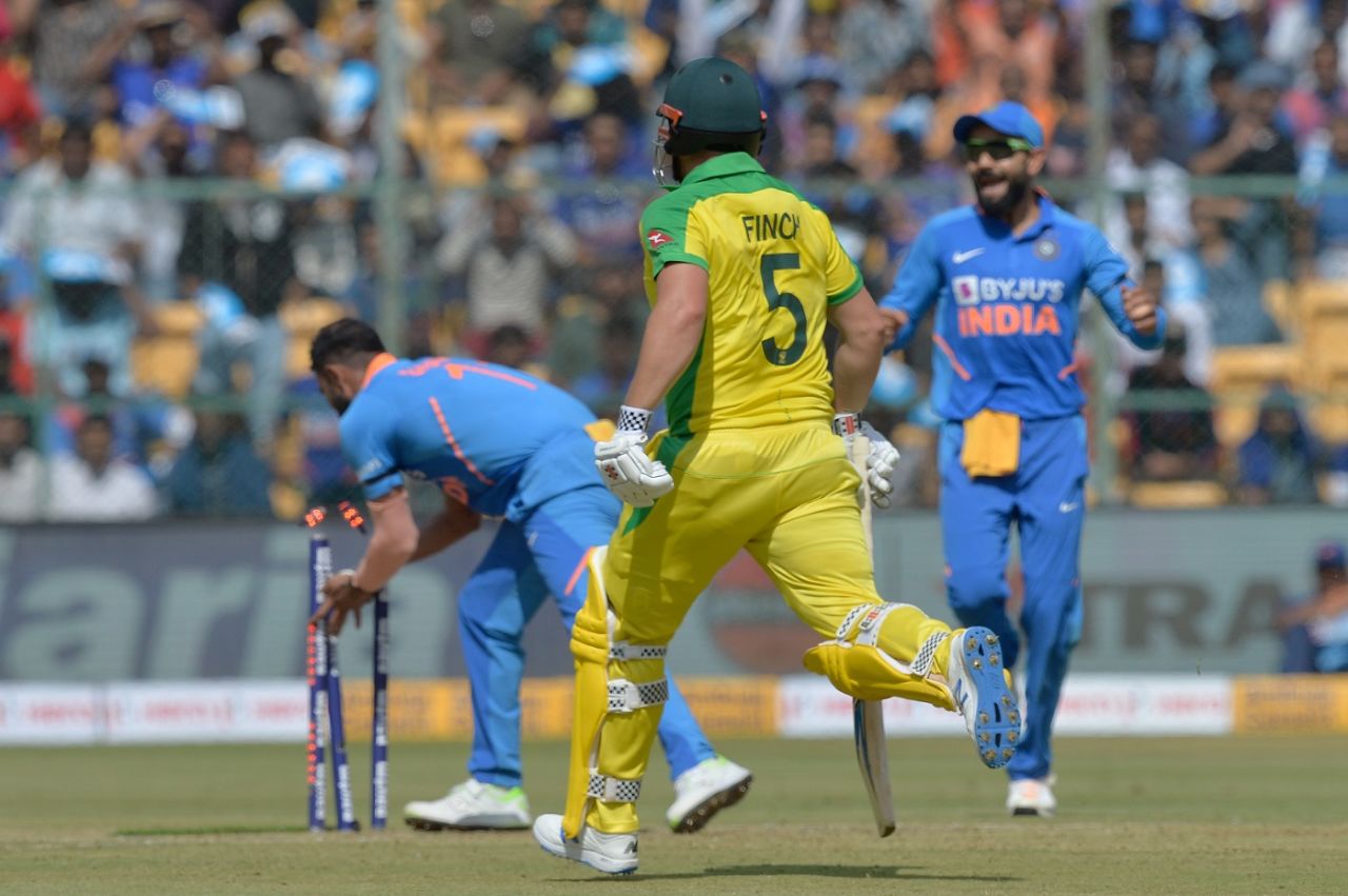 Aaron Finch is run out by Mohammed Shami, India v Australia, 3rd ODI, Bengaluru, January 19, 2020