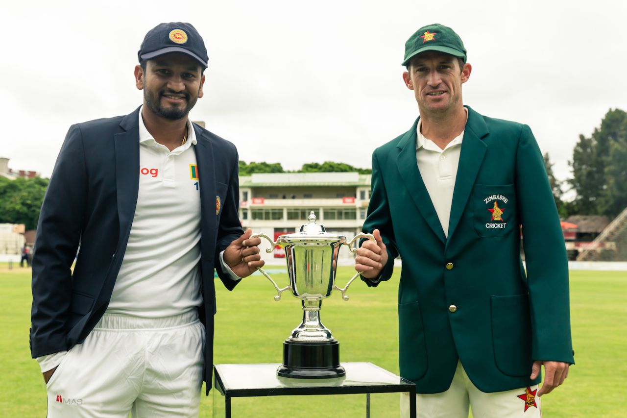 Dimuth Karunaratne and Sean Williams with the series trophy, Zimbabwe v Sri Lanka, 1st Test, Harare, 1st day, January 19, 2020