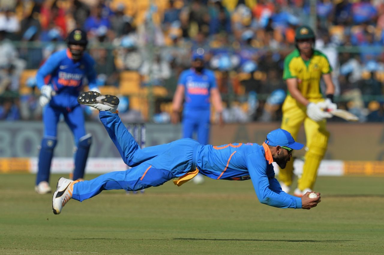 Virat Kohli plucks a low catch to dismiss Marnus Labuschagne, India v Australia, 3rd ODI, Bengaluru, January 19, 2020