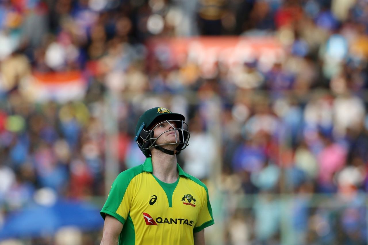 Steven Smith reacts to his dismissal, India v Australia, 3rd ODI, Bengaluru, January 19, 2020