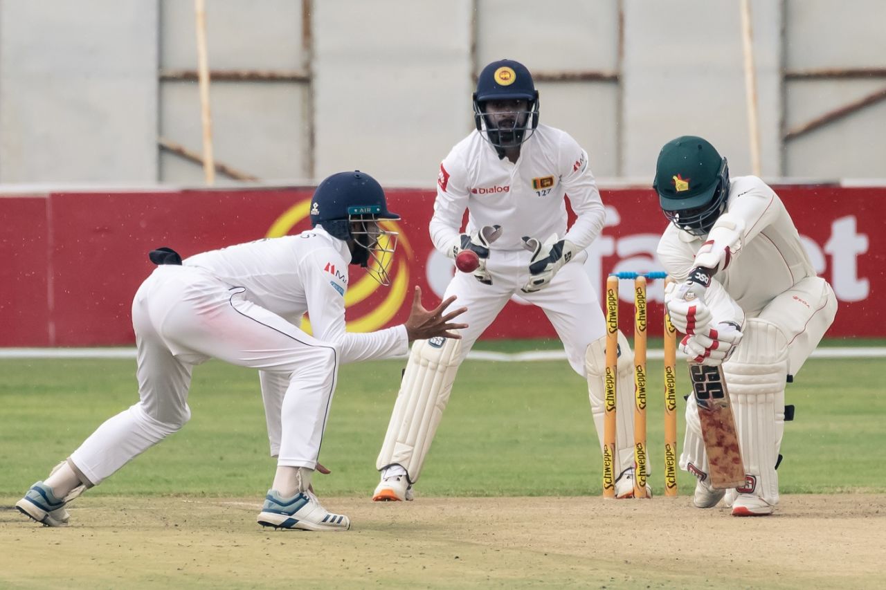 Donald Tiripano stretches forward to defend, Zimbabwe v Sri Lanka, 1st Test, Harare, 2nd day, January 20, 2020