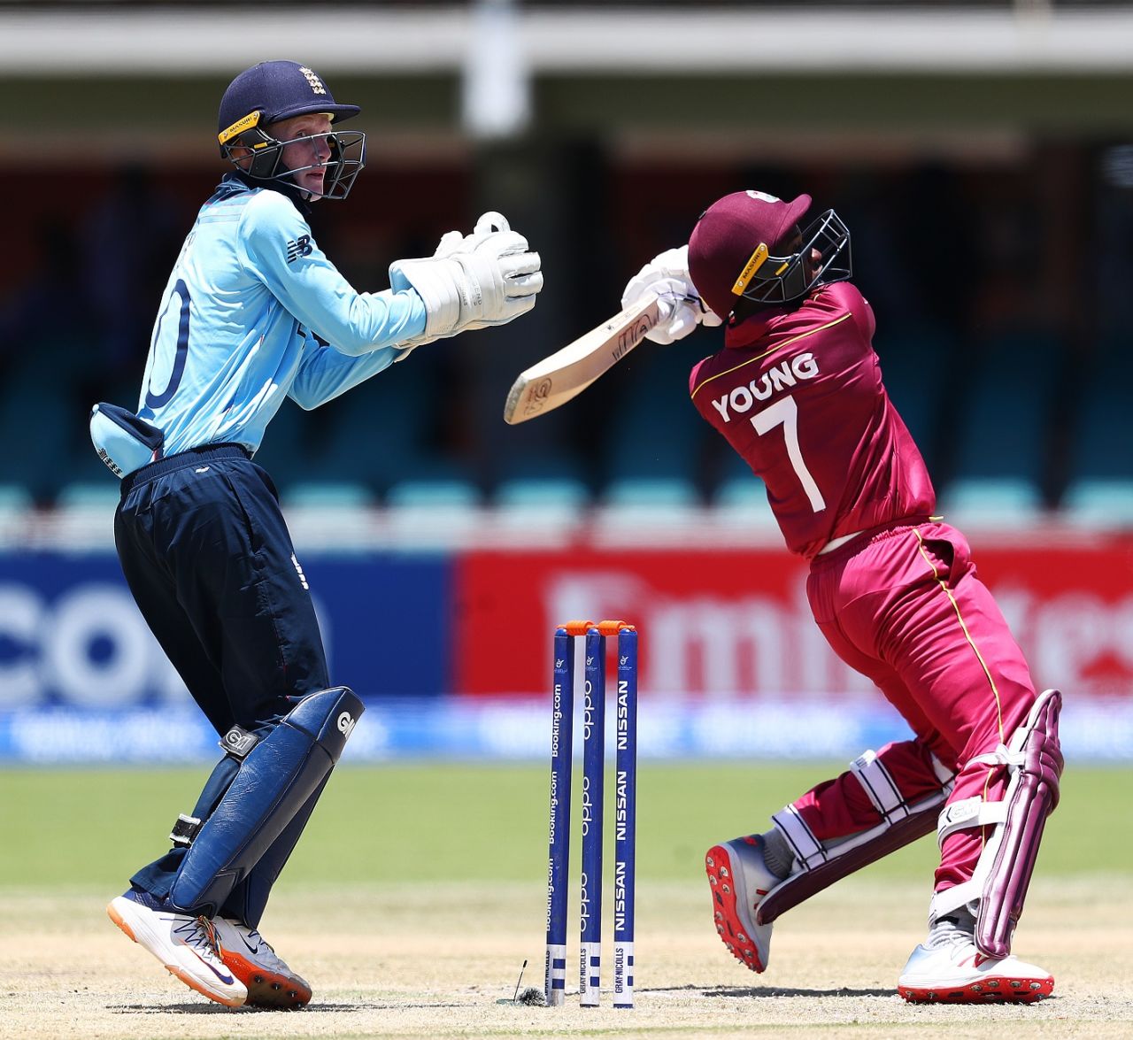 Nyeem Young slams one over the off-side infield, England v West Indies, Under-19 World Cup 2020, Kimberley, January 20, 2020