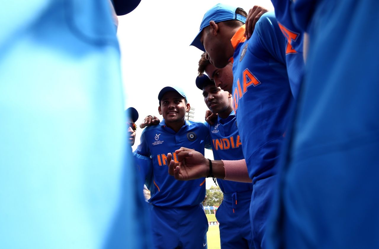 The Indian team gets into a huddle before the match against Japan, India v Japan, Under-19 World Cup 2020, Bloemfontein, January 21, 2020