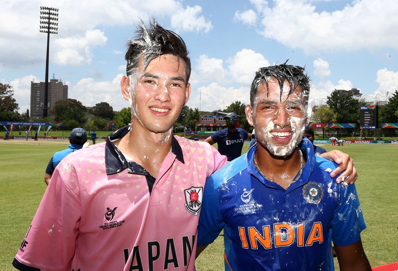 Cake-smeared birthday boys Kento Ota-Dobell and Dhruv Jurel, India v Japan, Under-19 World Cup 2020, Bloemfontein, January 21, 2020