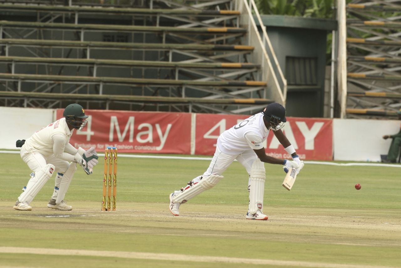 Angelo Mathews taps the ball to the leg side, Zimbabwe v Sri Lanka, 1st Test, 3rd Day, Harare, January 21, 2020