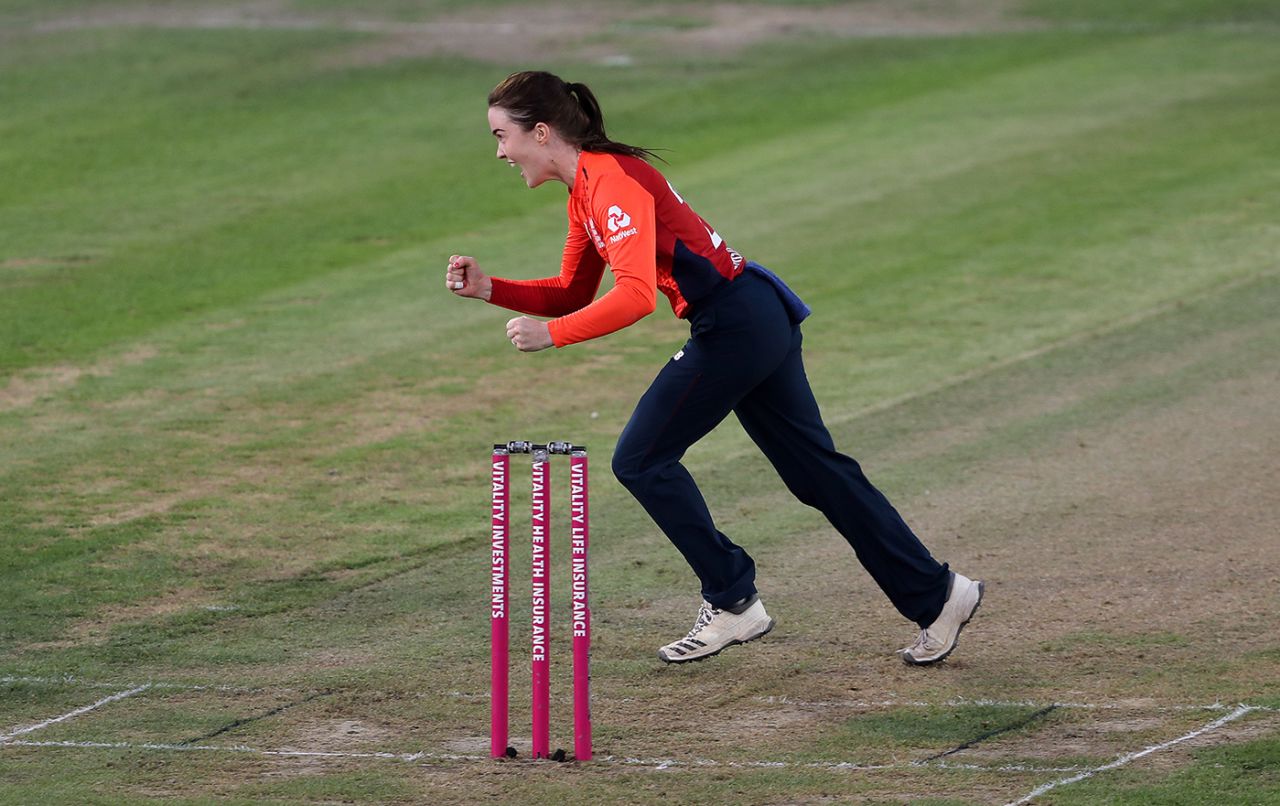 Mady Villiers celebrates a wicket