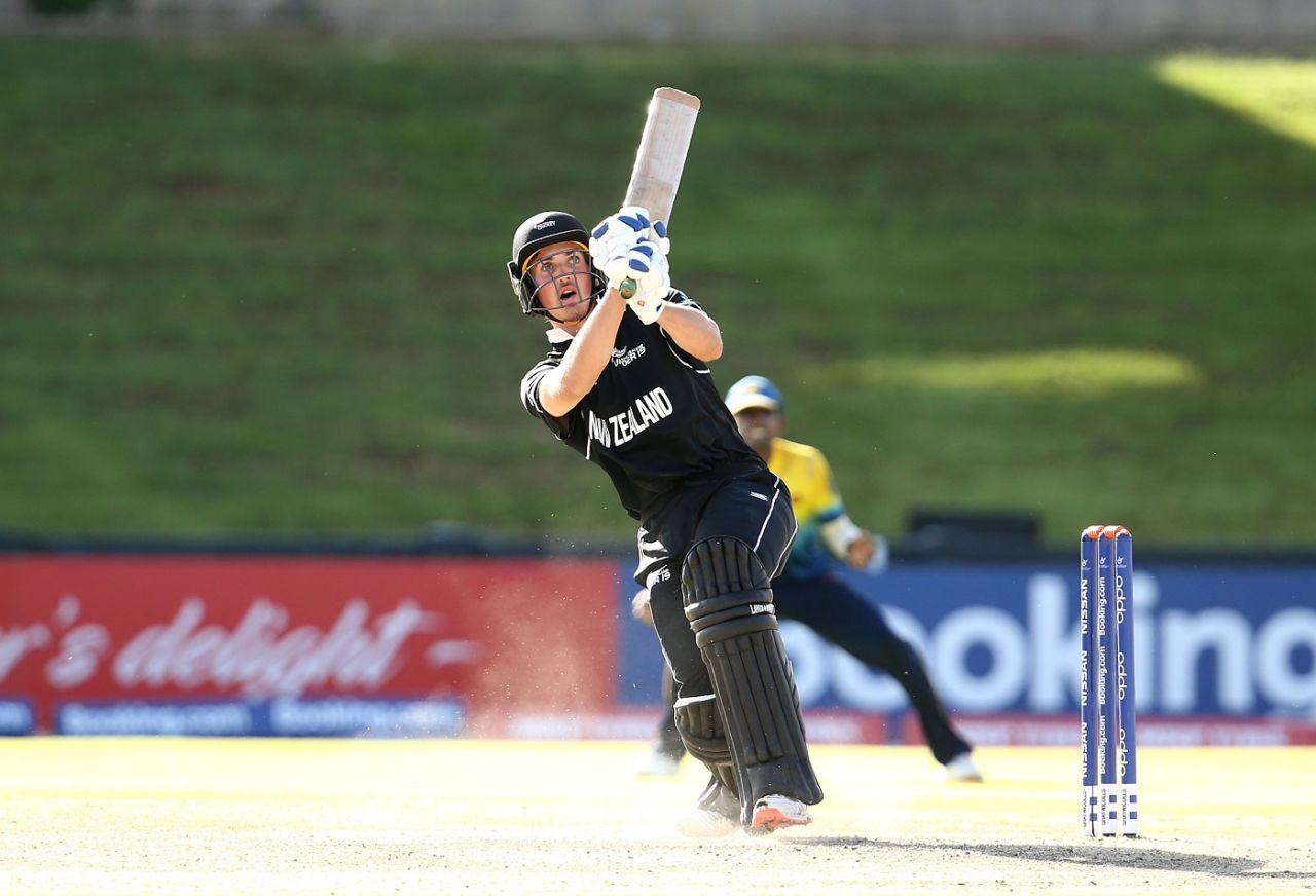 Kristian Clarke goes for a big hit, New Zealand v Sri Lanka, Under-19 World Cup, Bloemfontein, January 22, 2019