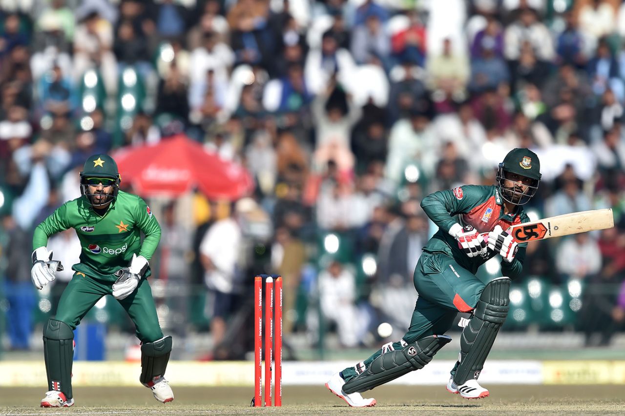 Mohammad Rizwan looks on as Tamim Iqbal clips one into the leg side, Pakistan v Bangladesh, 1st T20I, Lahore, January 23, 2020