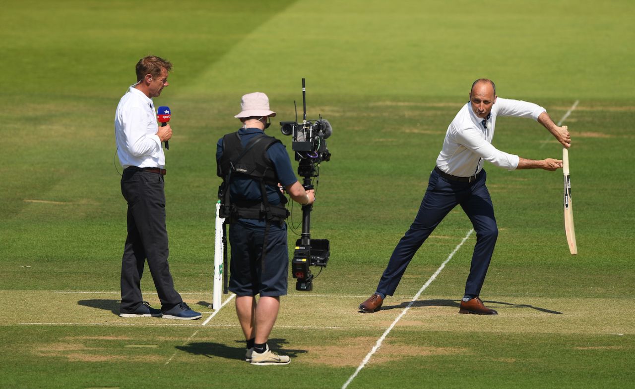 Ian Ward and Nasser Hussain do a piece to camera, day two, only Test, England v Ireland, Lord's, July 25, 2019.
