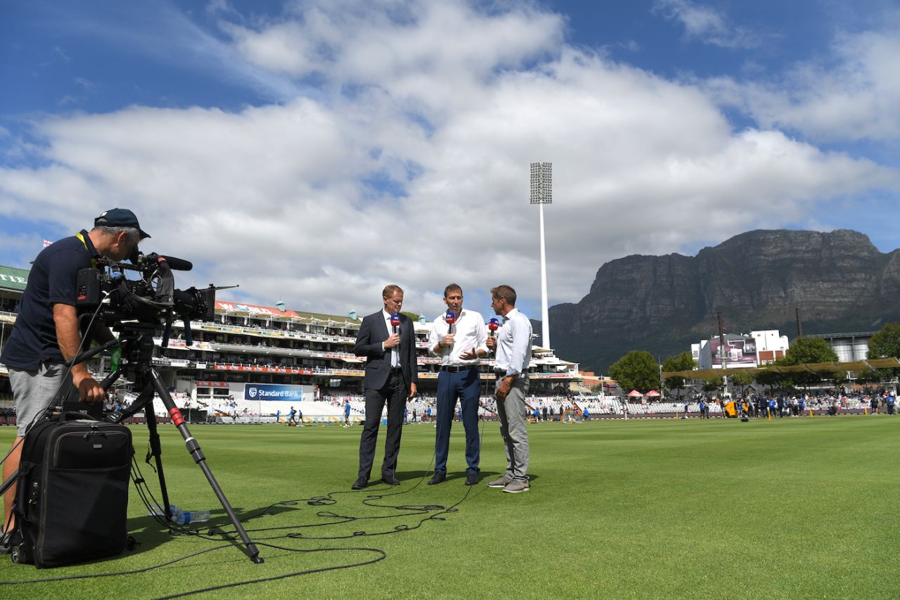 Shaun Pollock, Michael Atherton and Ian Ward film a bit for Sky Sports, day four, second Test, South Africa v England, Newlands, Cape Town, January 06, 2020