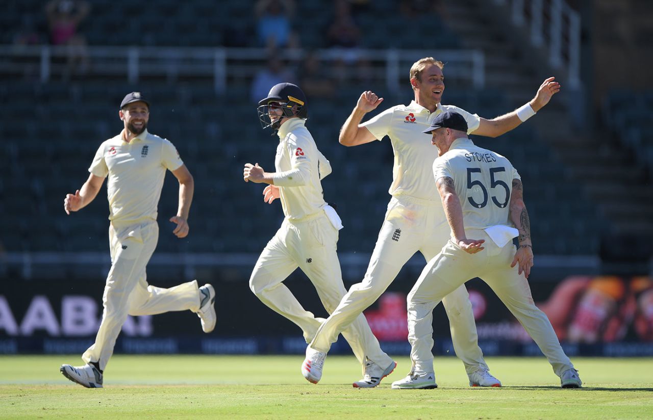Stuart Broad celebrates as England close in, South Africa v England, 4th Test, Johannesburg, 4th day, January 27, 2020