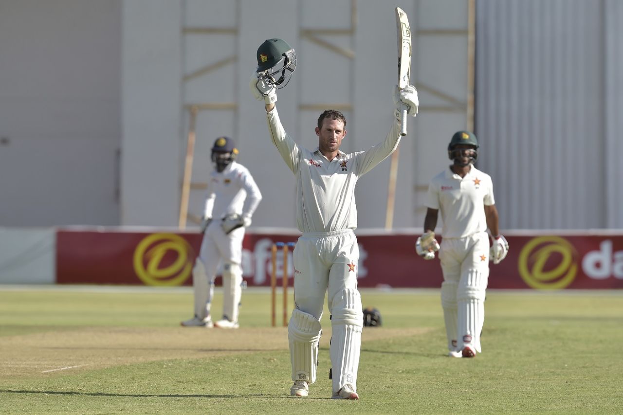 Sean Williams acknowledges the applause after reaching his century, Zimbabwe v Sri Lanka, 2nd Test, Harare, 1st day, January 27, 2020
