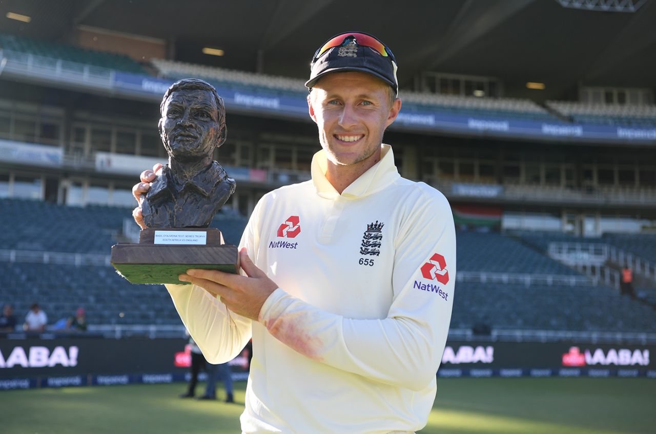 Joe Root poses with the Basil D'Oliveira Trophy, South Africa v England, 4th Test, Johannesburg, 4th day, January 27, 2020