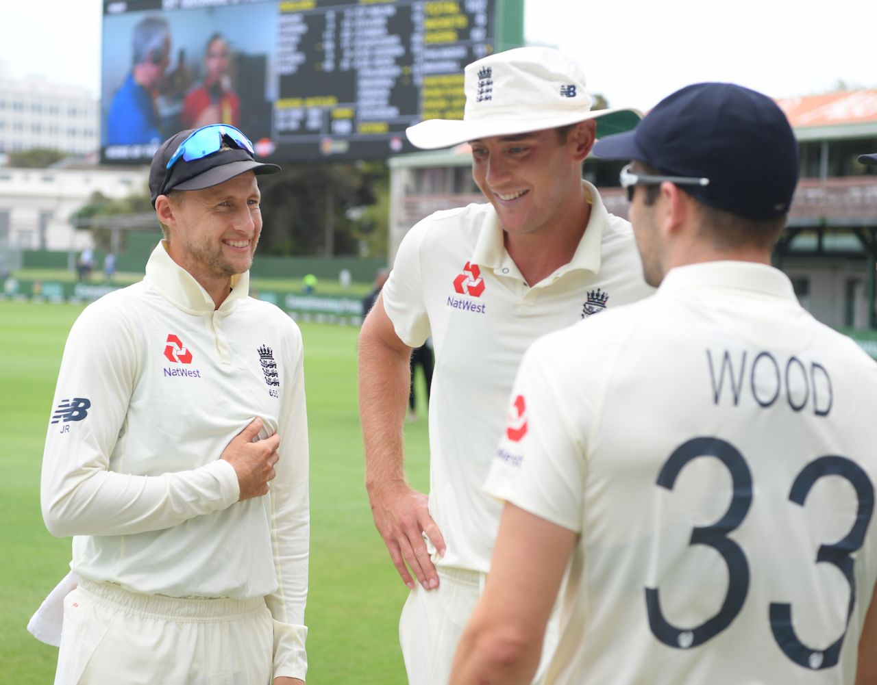 Joe Root shares a joke with Stuart Broad and Mark Wood, Day Five, Third Test, South Africa v England, St George's Park, Port Elizabeth, South Africa, January 20, 2020