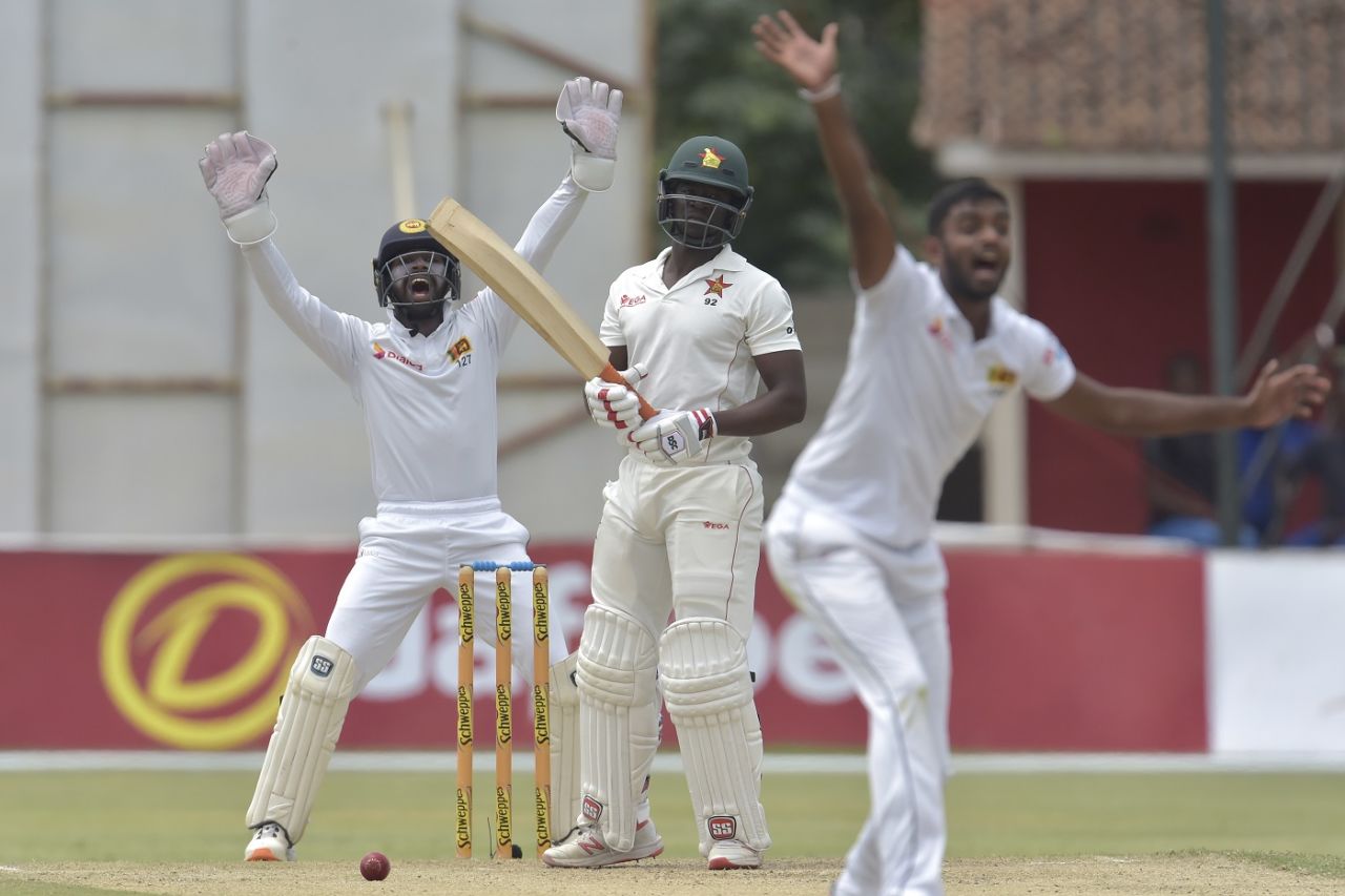 Donald Tiripano looks on as Lasith Embuldeniya and Niroshan Dickwella appeal, Zimbabwe v Sri Lanka, 2nd Test, Harare, 2nd day, January 28, 2020