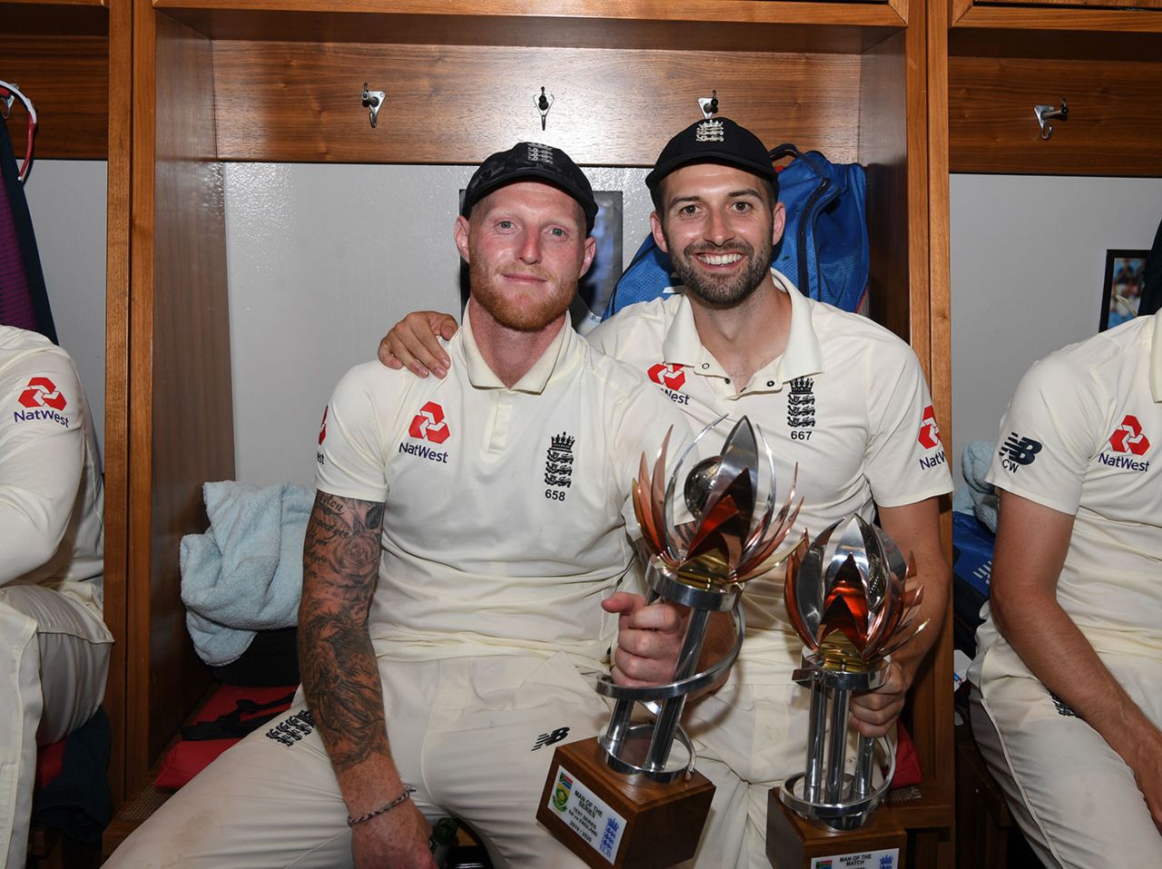 Ben Stokes and Mark Wood, England's players of the series and the match, fourth Test, South Africa v England, Wanderers, Johannesburg, January 27, 2020 