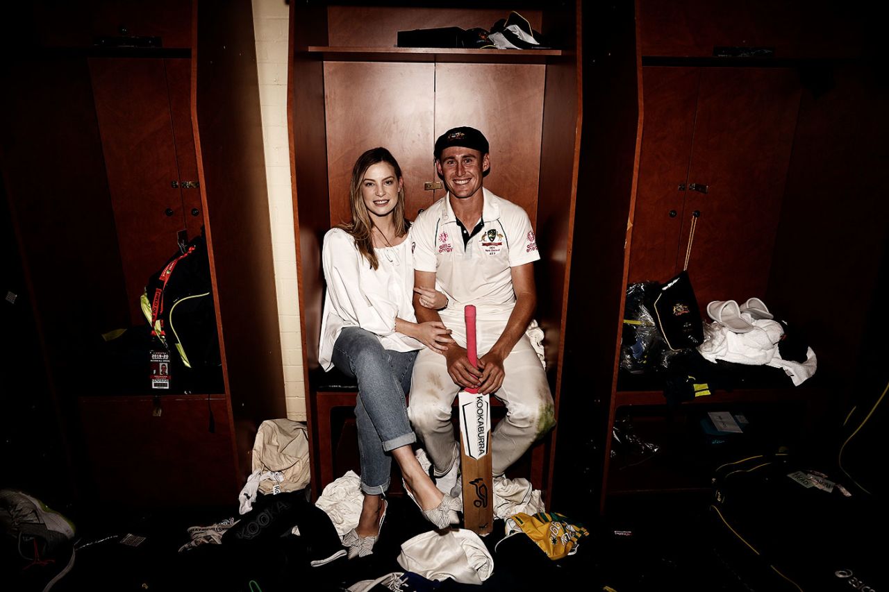 Marnus Labuschagne poses in the dressing room with his wife Rebekah, Australia v New Zealand, 3rd Test, Sydney, 4th day, January 6, 2020
