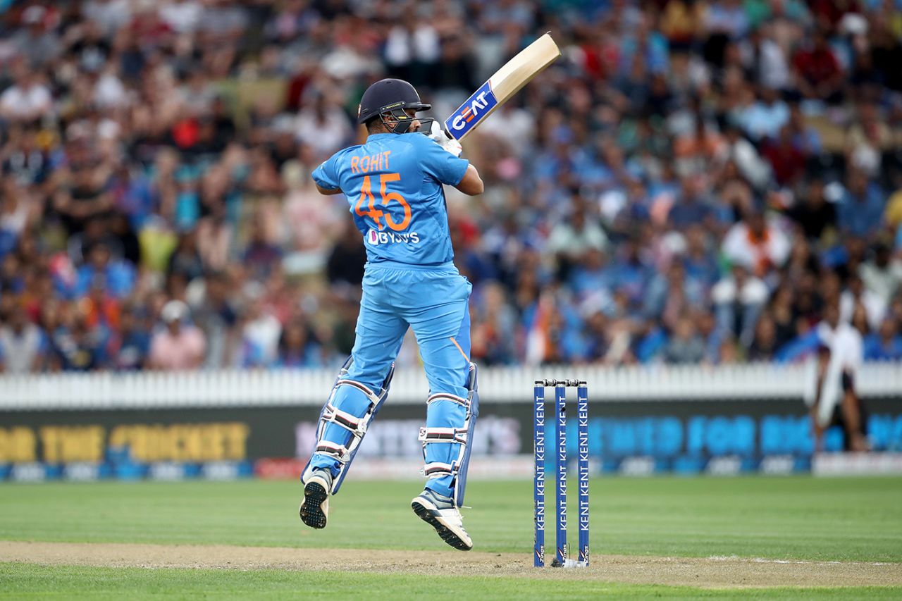 Rohit Sharma rides the bounce to put a short ball away