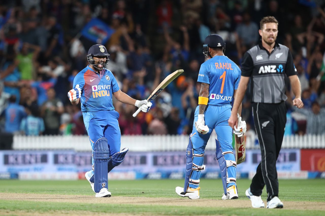 Sealed with a six: Rohit Sharma is thrilled after hitting the winning runs, New Zealand v India, 3rd T20I, Hamilton, January 29, 2020