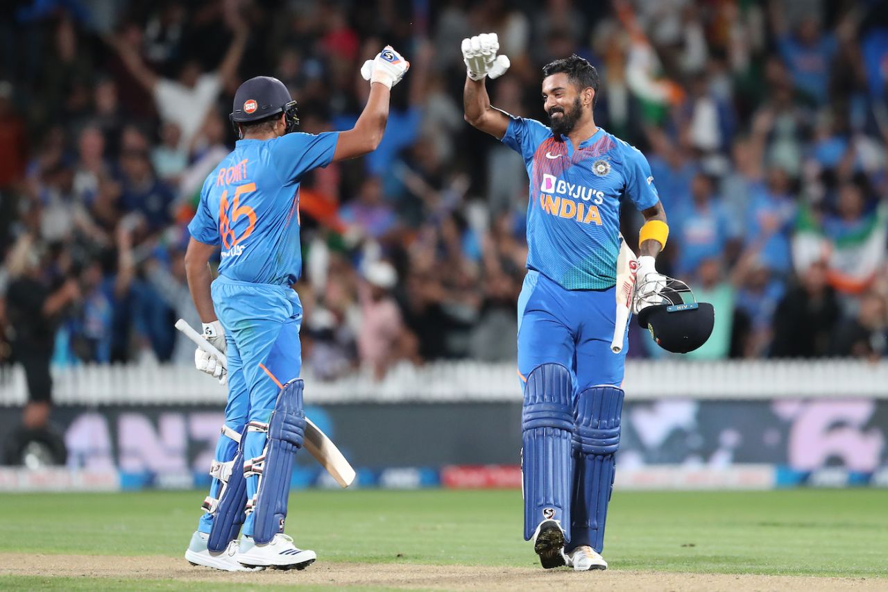 KL Rahul and Rohit Sharma celebrate India's thrilling win, New Zealand v India, 3rd T20I, Hamilton, January 29, 2020