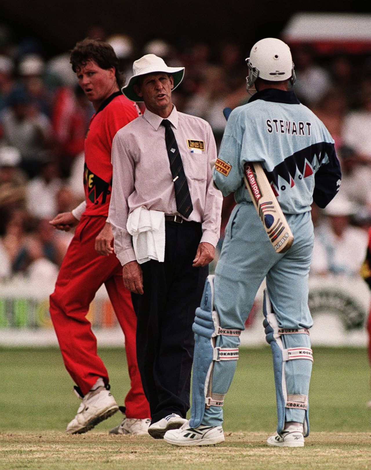 Alec Stewart questions the umpire's decision to not signal wide to a ball down the leg side, Zimbabwe v England, 2nd ODI, January 1, 1997