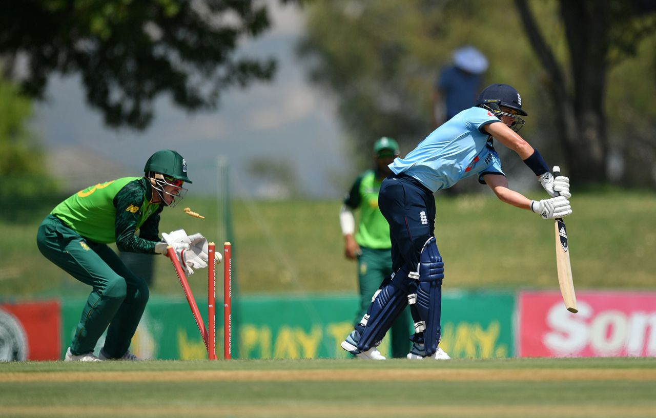 Sam Curran is bowled during England's warm-up, Cricket South Africa Invitational XI v England, Tour Match, Paarl, January 31, 2020