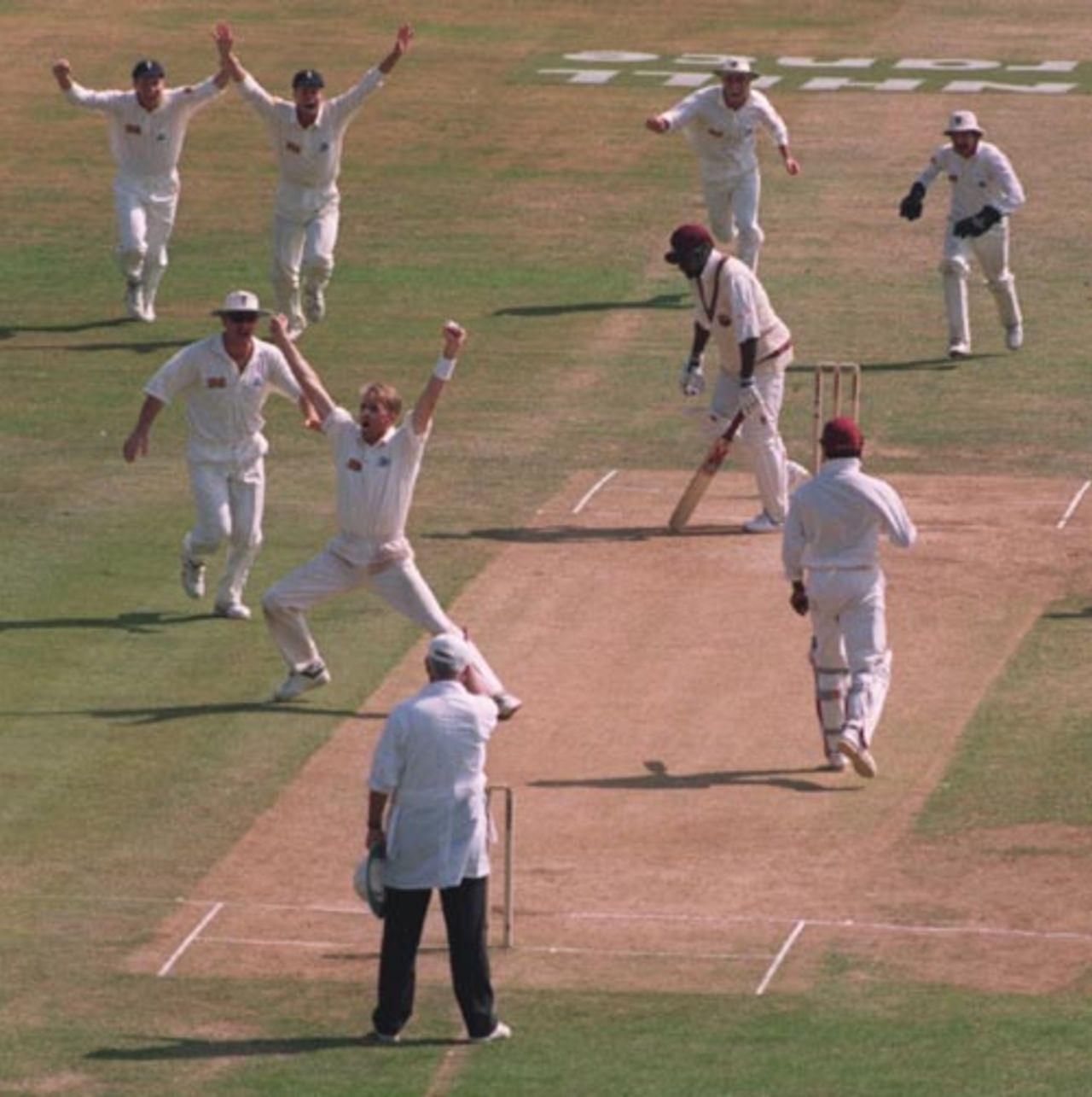 Dominic Cork completes his hat-trick, the first by an Englishman since 1957, England v West Indies, 4th Test, Old Trafford, July 30, 1995