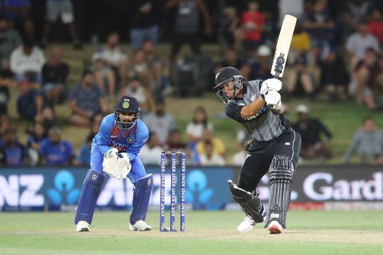 Ross Taylor hits powerfully through the off side, New Zealand v India, 5th T20I, Mount Maunganui, February 2, 2020