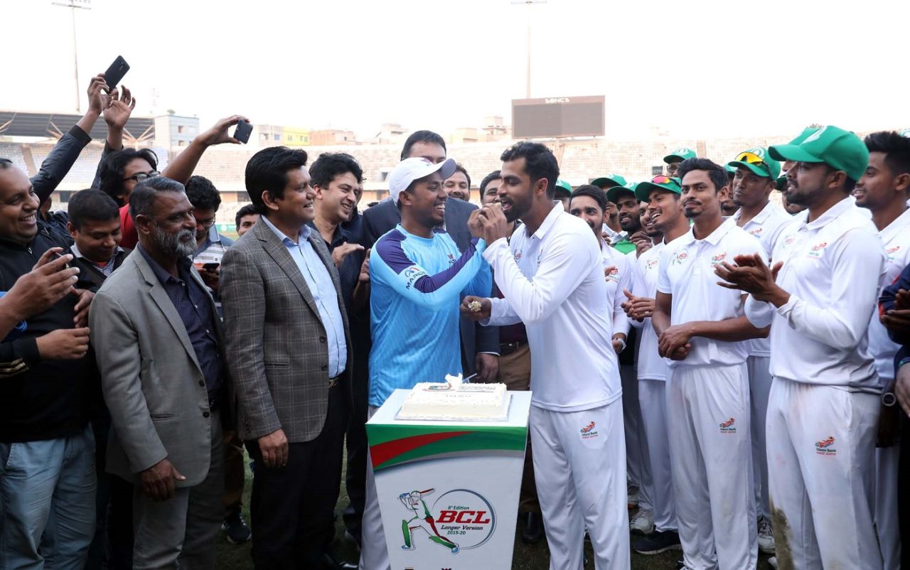 Raqibul Hasan, Bangladesh's only other first-class triple centurion, feeds Tamim Iqbal a piece of cakeCentral Zone v East Zone, Bangladesh Cricket League, 3rd day, Dhaka, February 2. 2020