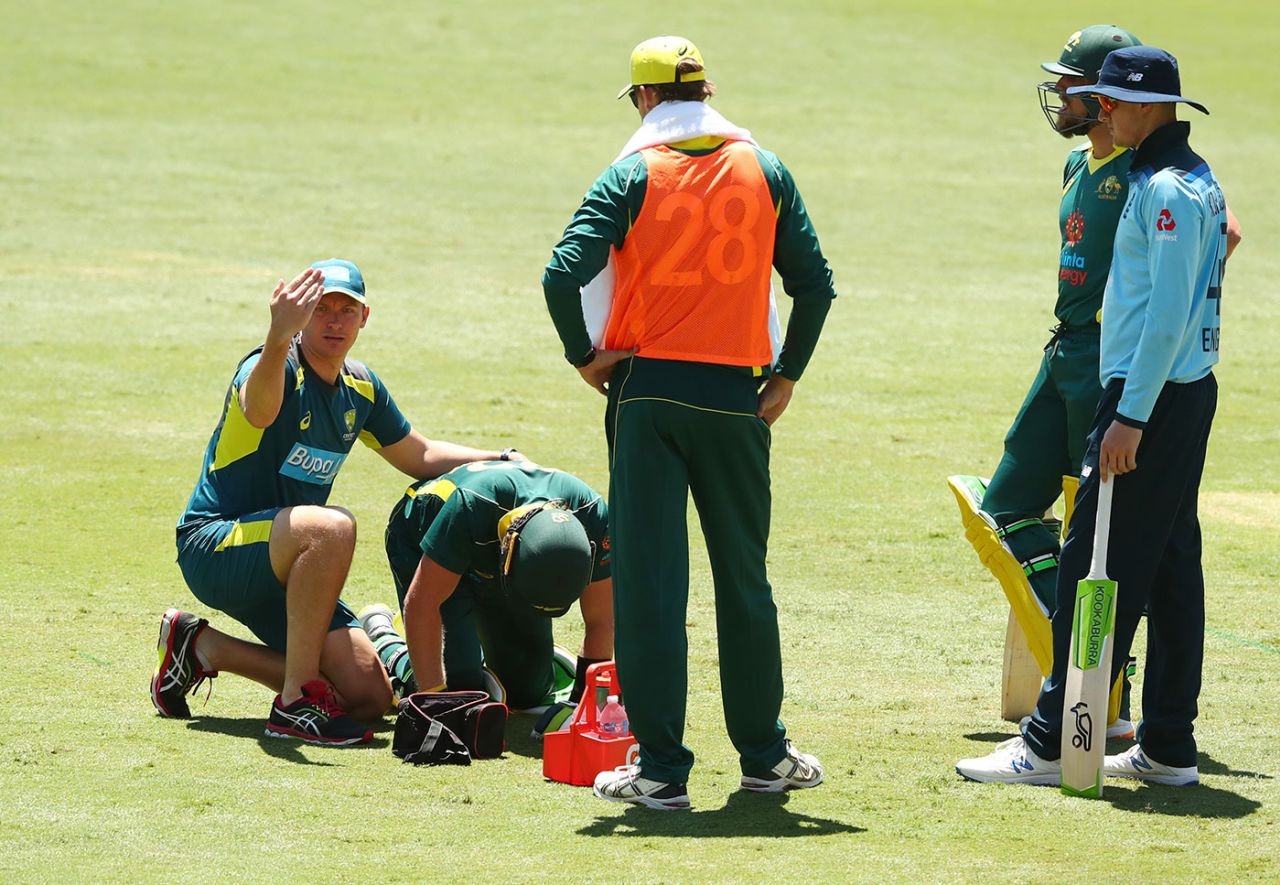Will Pucovski gets assistance after his fall, Cricket Australia XI v England Lions, Metricon Stadium, February 2, 2020