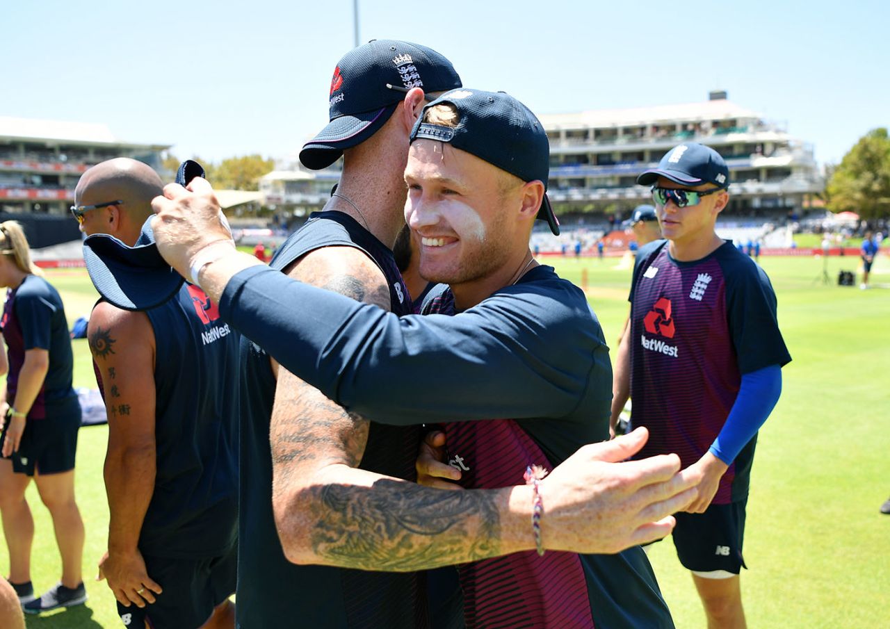 Matt Parkinson embraces Ben Stokes after receiving his cap, South Africa v England, 1st ODI, Cape Town, February 04, 2020