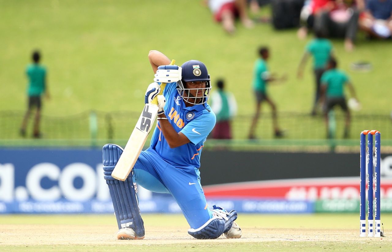 Divyaansh Saxena holds his pose after driving to the point boundary, India v Pakistan, U-19 World Cup semi-final, Potchefstroom, February 4, 2020