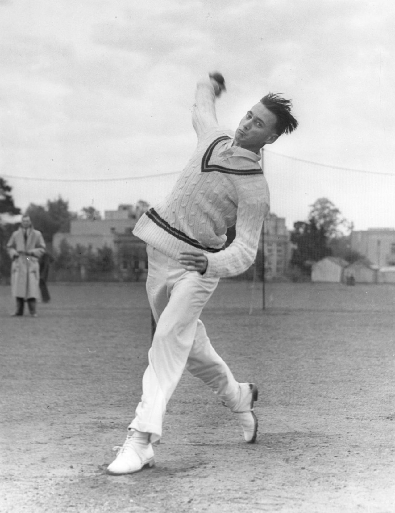 Hugh Tayfield of South Africa bowls in the nets, June 09, 1951
