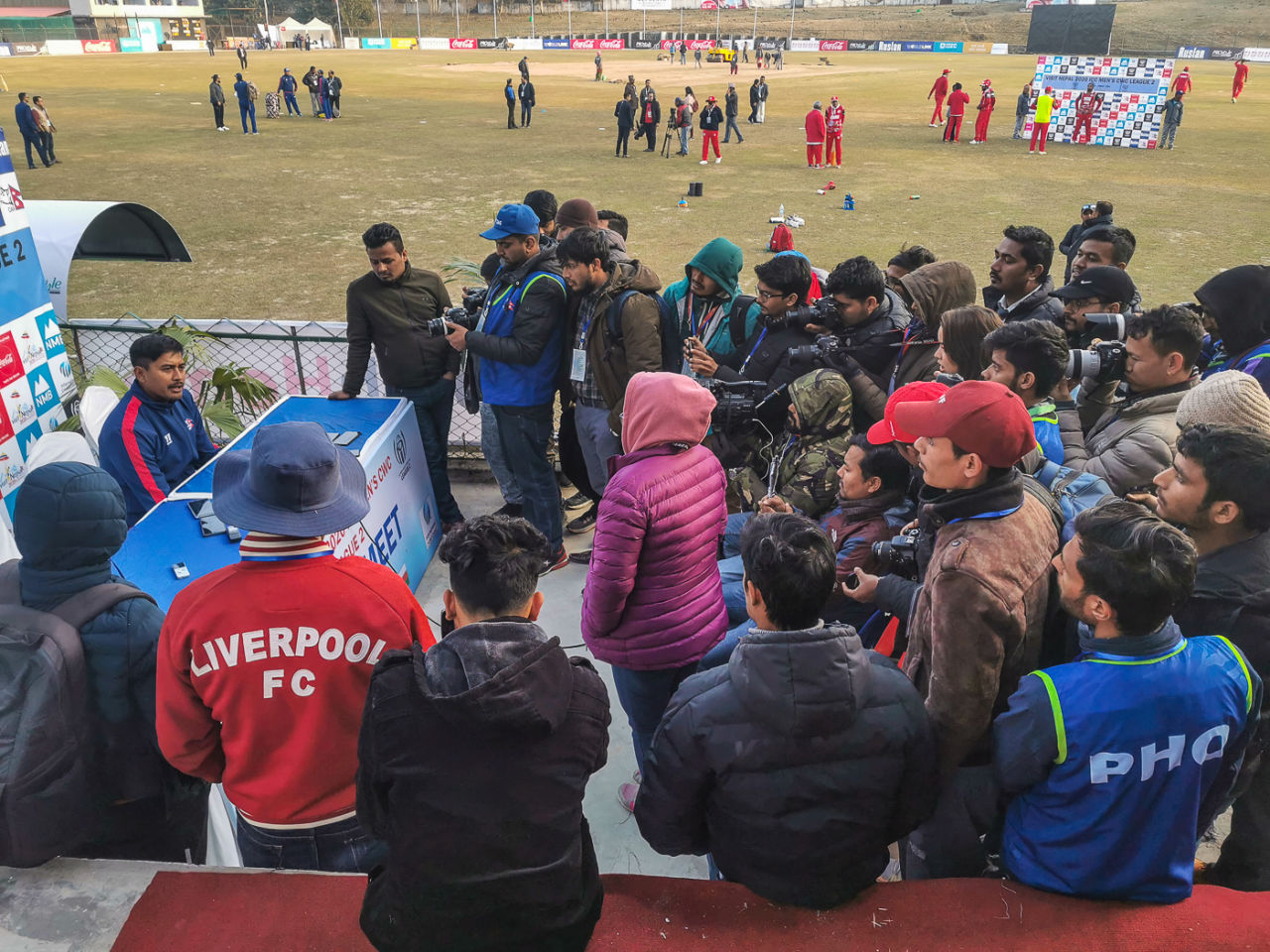 Nepal captain Gyanendra Malla interacts with a sizable local press contingent after the match, Nepal v Oman, ICC Cricket World Cup League Two tri-series, Kirtipur, February 5, 2020