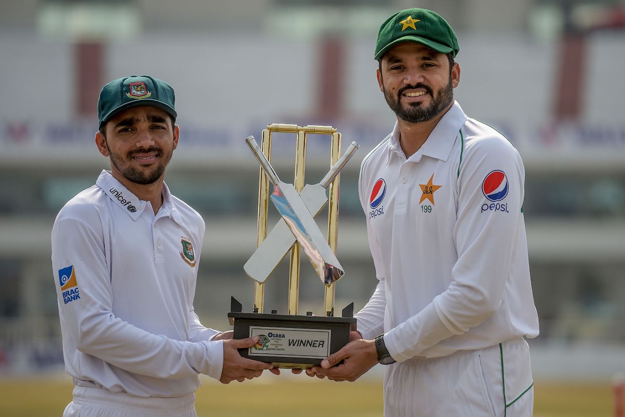 Mominul Haque and Azhar Ali pose with the trophy, Pakistan v Bangladesh, Rawalpindi, February 6, 2020