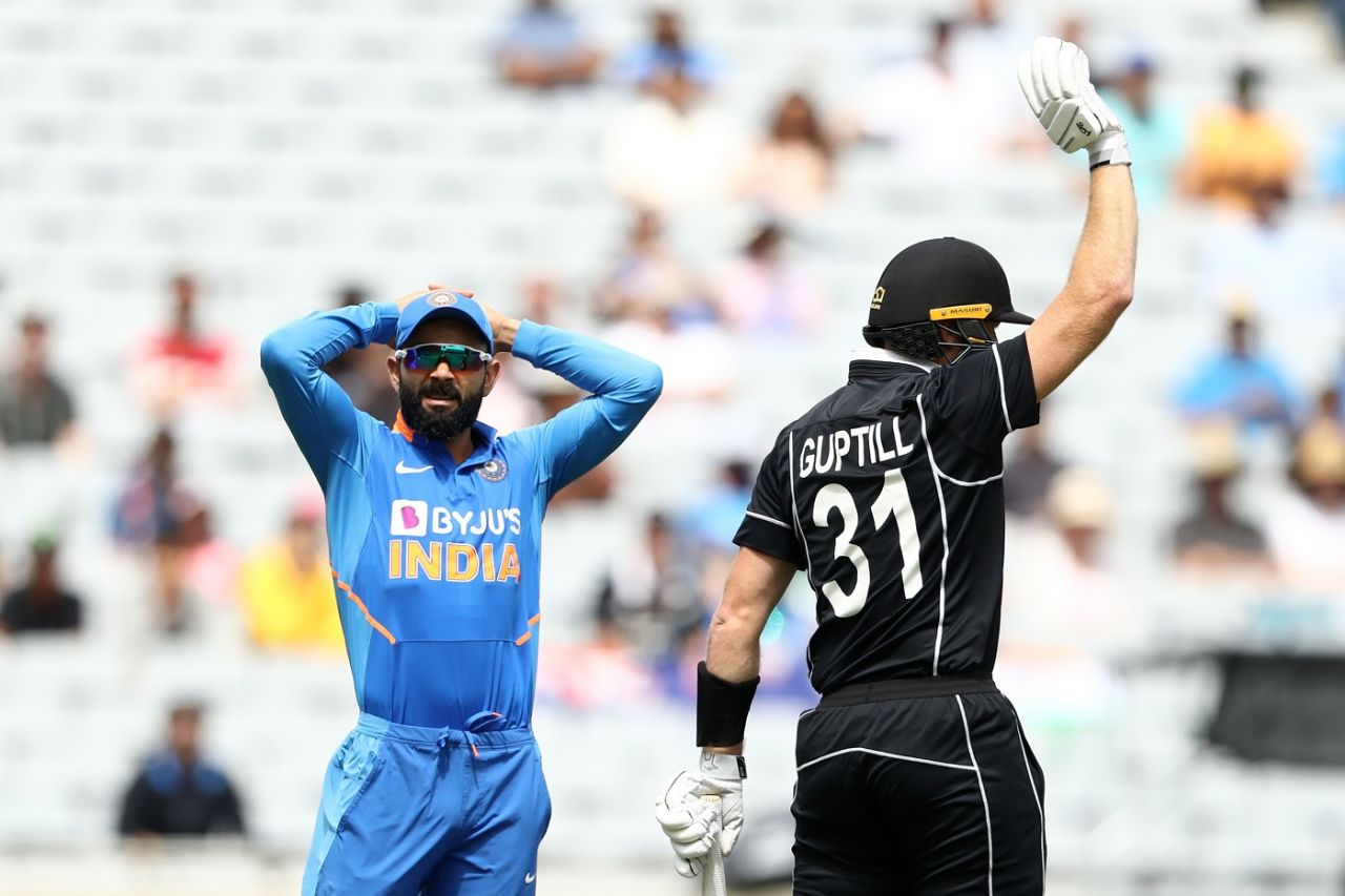 Virat Kohli can't believe that Martin Guptill got a four for fending a short ball, New Zealand v India, 2nd ODI, Auckland, February 8, 2020