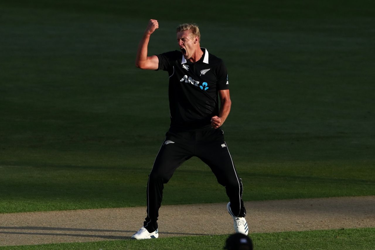 Kyle Jamieson roars after getting a wicket in his first over on debut, New Zealand v India, 2nd ODI, Auckland, February 8, 2020