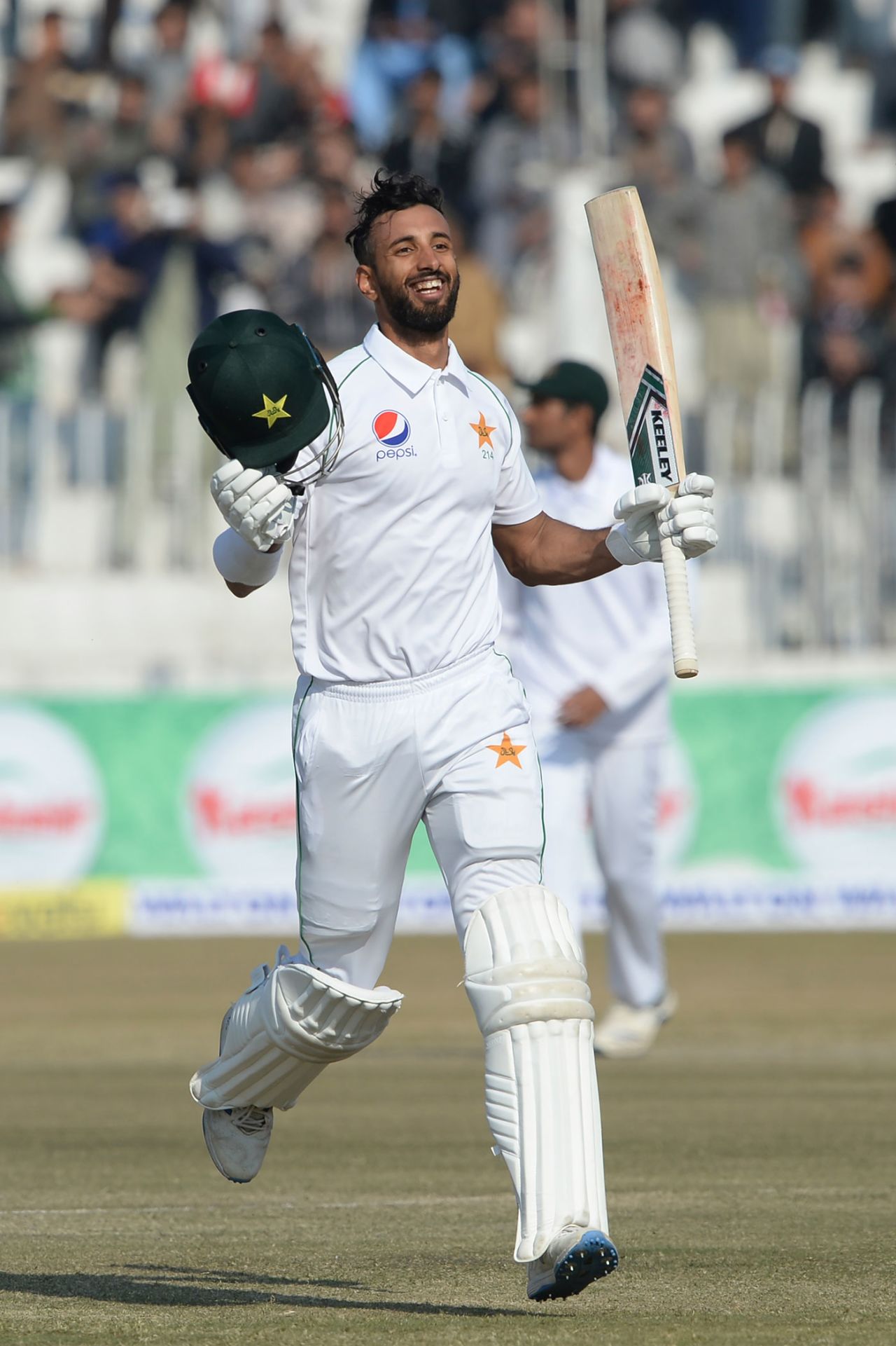 Shan Masood takes off his helmet after getting to a hundred, Pakistan v Bangladesh, 1st Test, Rawalpindi, 2nd day, February 8, 2020