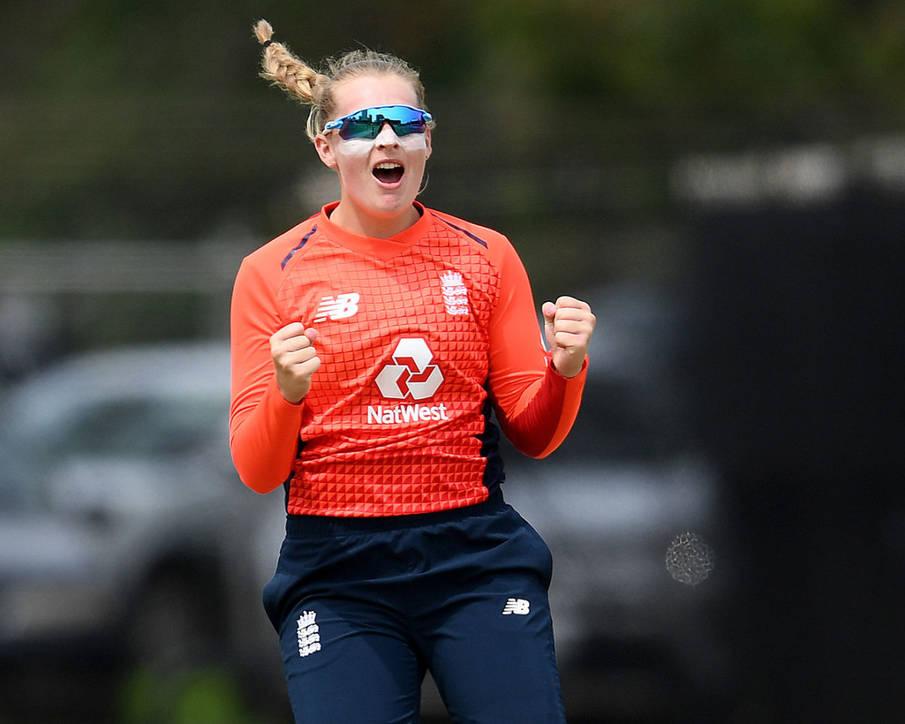Sophie Ecclestone celebrates removing Ash Gardner, Australia v England, T20I tri-series, Junction Oval, February 9, 2020