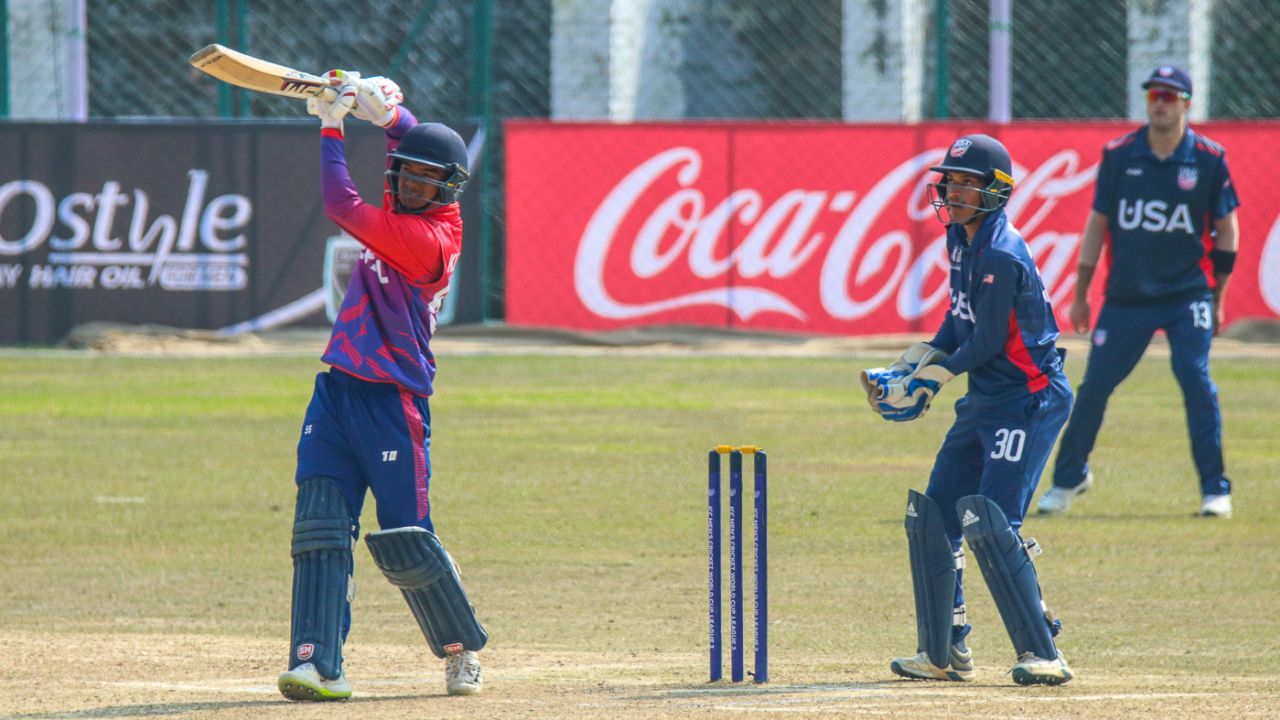 Kushal Malla drives down the ground for a boundary during his record-breaking half-century, Nepal v Oman, ICC Cricket World Cup League Two tri-series, Kirtipur, February 8, 2020