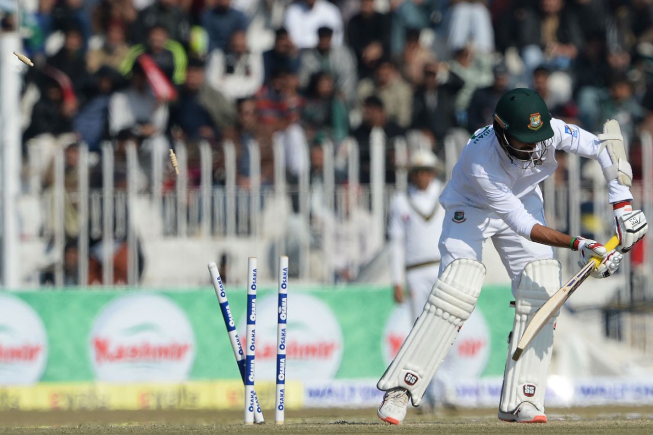 Saif Hassan is bowled, Pakistan v Bangladesh, 1st Test, Rawalpindi, February 9, 2020
