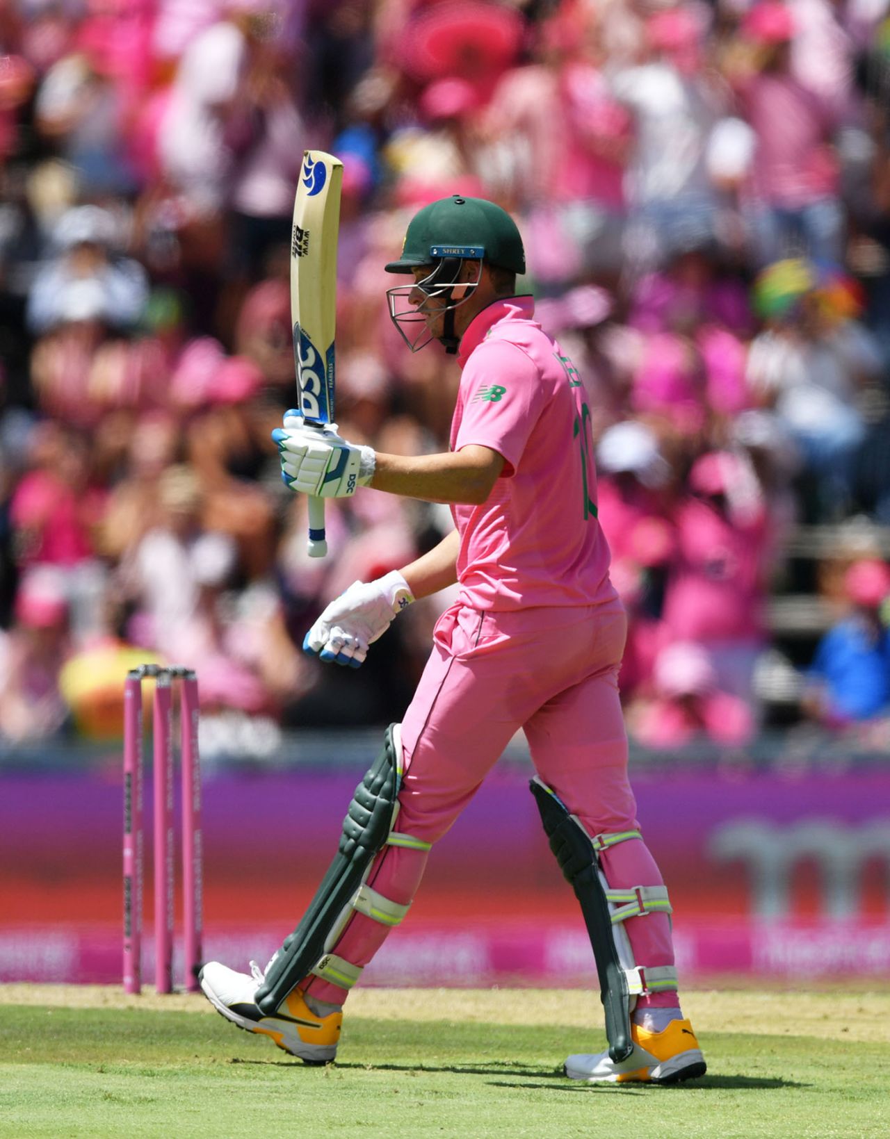 David Miller raises his bat on reaching fifty, South Africa v England, 3rd ODI, Johannesburg, February 9, 2019