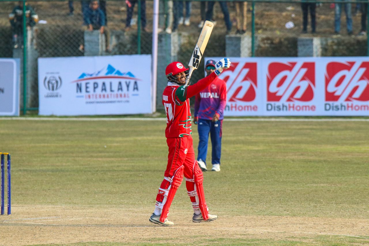Aqib Ilyas celebrates after becoming the first Oman player to score an ODI century, Nepal v Oman, ICC Cricket World Cup League Two tri-series, Kirtipur, February 8, 2020