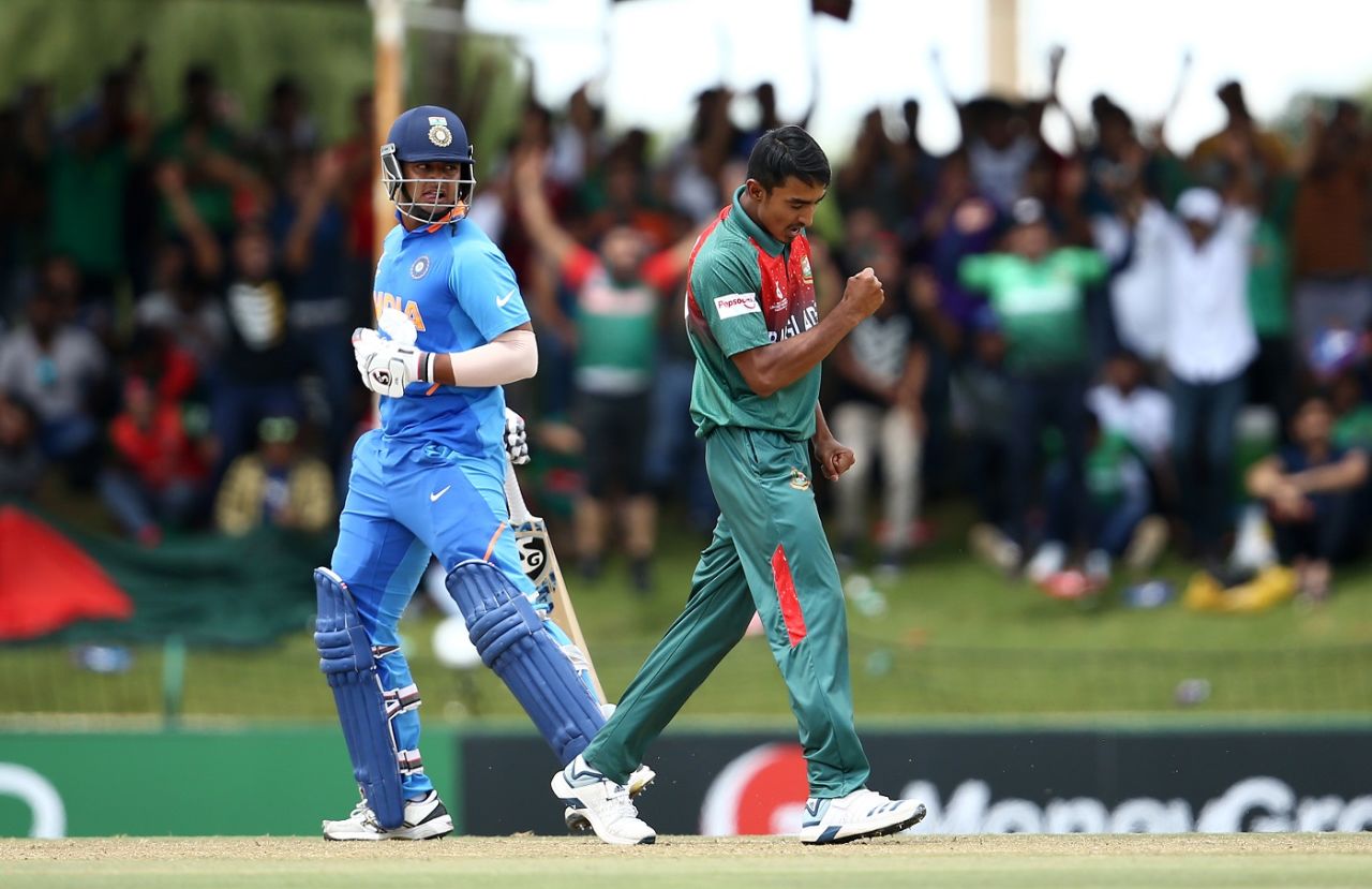 Sushant Mishra fell to Tanzim Hasan Sakib to complete an Indian collapse of 7 for 21, Bangladesh U-19s v India U-19s, Final, Potchefstroom, February 9, 2020