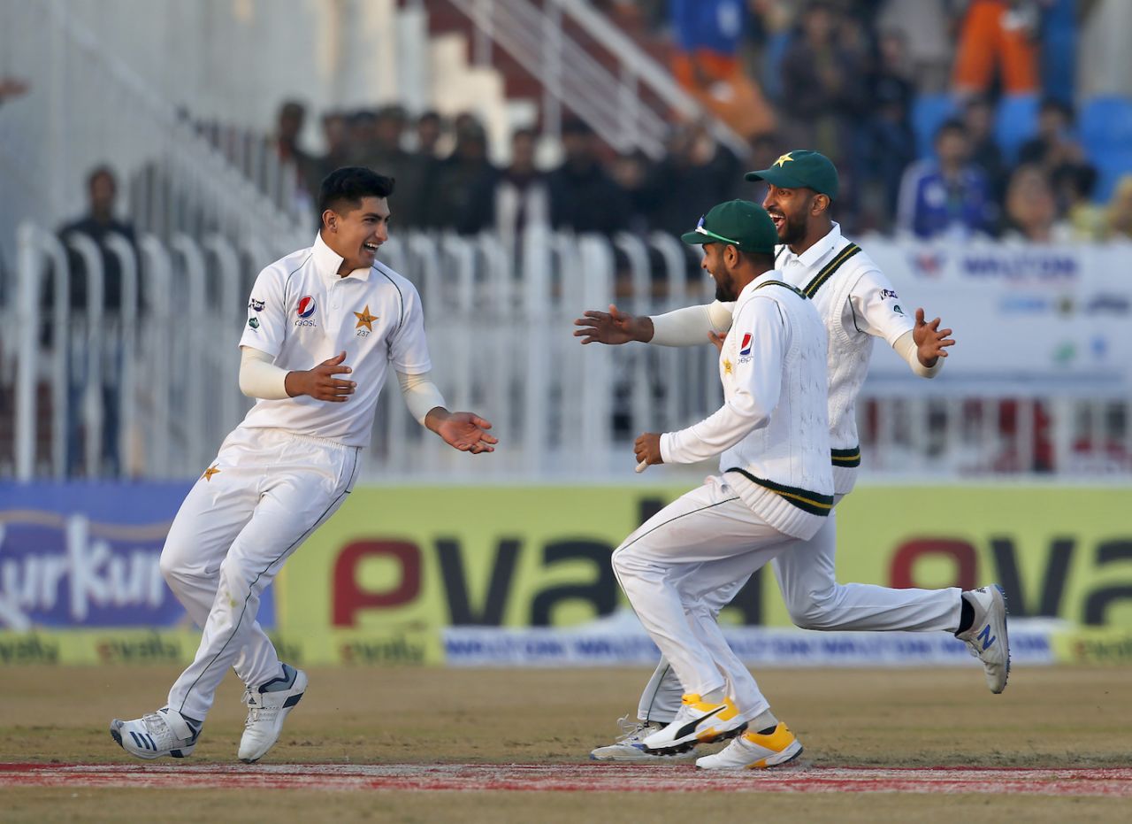 Naseem Shah is chased after taking a hat-trick, Pakistan v Bangladesh, 1st Test, Rawalpindi, 3rd day, February 9, 2020